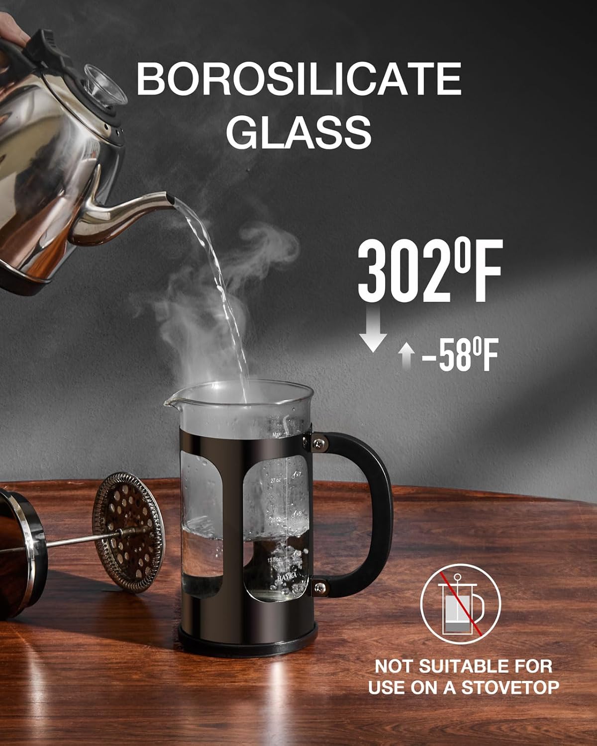 Bayka French Press - Coffee Maker 34 Ounce 1 Liter, Borosilicate Glass Stainless Steel Brewer, Large Portable Cold Brew Cafetera Teapot for Kitchen Travel Camping Coffee Bar Accessories, Dark Pewter